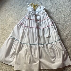 STAUD White Tiered Dress with Rainbow Stitching and Yellow Straps